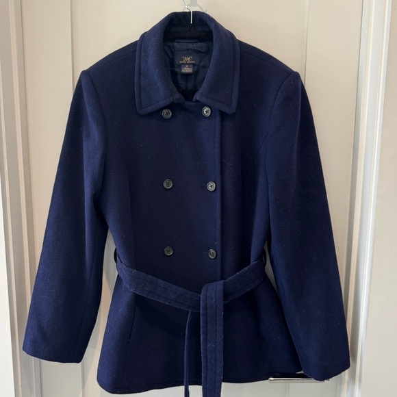 Brooks Brothers 346 Wool Cashmere Double Breasted Belted Pea Coat Navy 14 - Picture 1 of 8